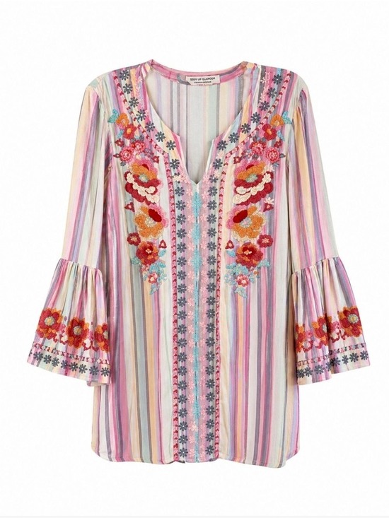 Giddy Up Glamour Tops - Boho Embroidered Floral Bell Sleeves Blouse Medium Spring Festival